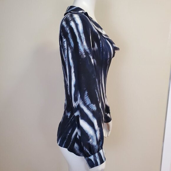 St. John Silk Blouse Size 4 tie Dye Cowl Neck Black Blue White Zebra Animal - Picture 12 of 14